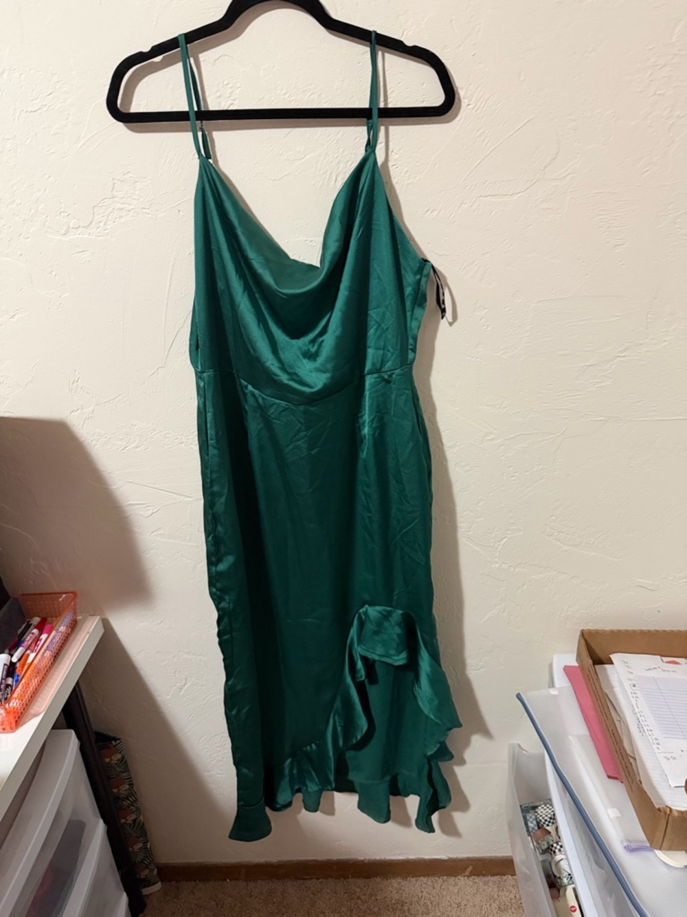 Missguided Satin Emerald Green Cowl Midi Dress with Ruffle Detail